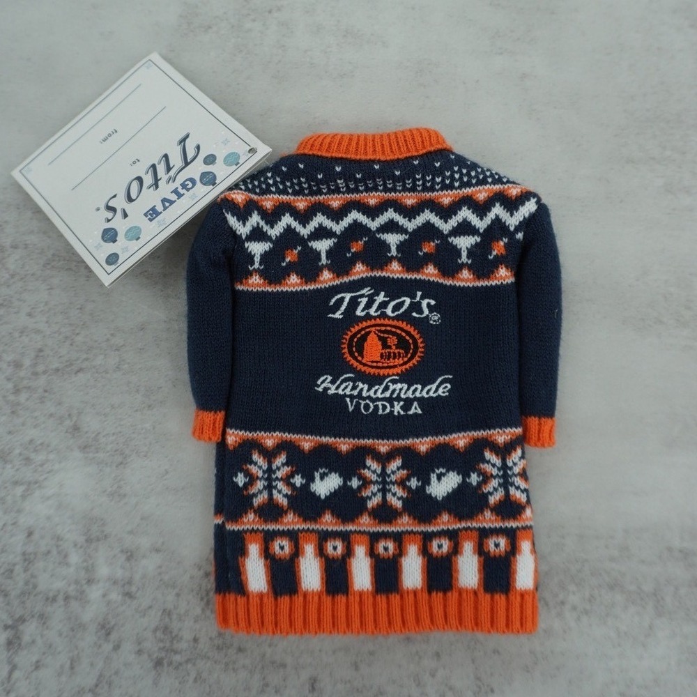 Tito's Handmade Vodka Mini Bottle Sweater Navy Blue Orange Holiday Gift Tag New‎